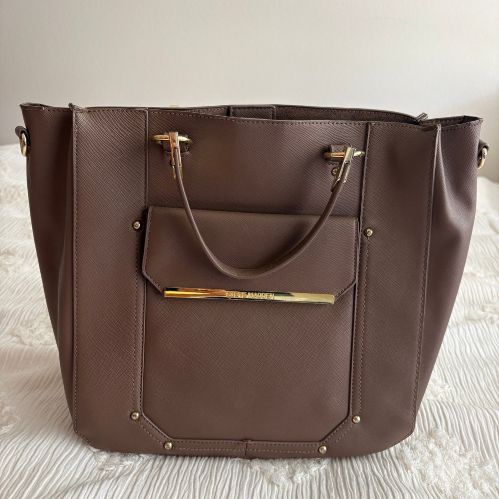 Steve Madden Stefano Tote Bag Brown Saffiano Faux Leather Gold Hardware Carryall